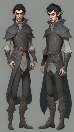 turnaround character of a man elf, he has curly, black hair and sharp cheekbones. His eyes are black. pale skin. He wears fantasy medieval clothes. full body with boots