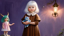 The image is a painting of a young girl with white hair and a pale complexion. She is wearing a brown dress with a ruffled collar and is holding a small blue cat in her arms. The girl is standing in front of a purple background with a star-shaped light fixture on the right side. On the left side of the image, there is a small doll wearing a pink dress with green hair and horns on its head. The doll is standing on a rock and appears to be holding the girl's hand. The overall mood of the painting