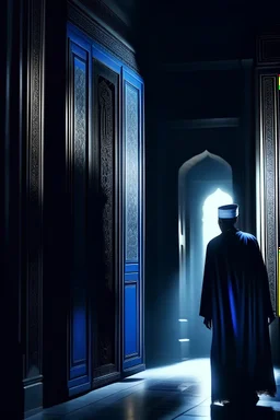 A picture of the moment when Hazrat Fatima and Hazrat Ali left the Kaaba. their standing near the opening. The opening is in the corner of Kaaba. The image should show that corner of the wall of the Kaaba is opened and Fatima comes out with the baby with Ali in her arms. midnight, light rays from the opening, close shot, aesthetic, blue and shining fireflies in the scene, extremely detailed, high quality, cinematic, professional shot