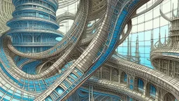 Intricate and futuristic architecture Moebius concept art with intricate patterns and metallic textures