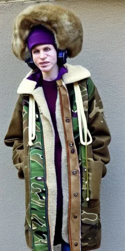 Image shows wholly a Brunette. average body type. Mantle is sewed of recycled Denim and sewed together of camouflage pieces. Camouflage colors are orange,terracotta, cream and purple. Cream latex gaiter. Big bright purple/khaki felt tippet and cream or blue or lilac colored-hood. mantle is merged with satchel. . AKG-style headphones (gold rings!) is merged with small felt cap with small visor. Style: Haute Couture in 1936, Paris fashion in 2023, inspired by street art.