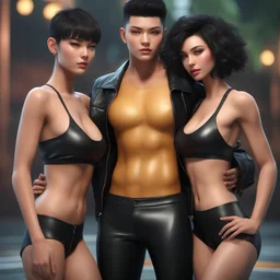 An extremely muscular young man with pixie-cut black hair, wearing a black leather jacket and pants, standing next to a beautiful woman with black hair who is wearing a black two-piece bathing suit with a perfect shaped body, and a perfect face, 4k, 8k, 32k UHD, Hyper realistic, extremely colorful, vibrant, photorealistic, realistic, sharp, highly detailed, professional quality, beautiful, awesome, majestic, superb, trending on artstation, pleasing, lovely, Cinematic,