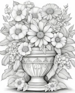 coloring page for kids, depicting beautiful flowers in a designed pot, full body, black and white, well defined lines, grayscale, white background