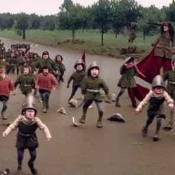 A foot falling down from the sky onto an army of children, in the style of Monty Python