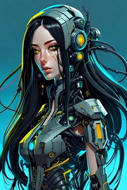 Crazy beautiful long black hair robot woman, cyberpunk, comics, cartoon, hdr, high quality, vectorgraphic,8k