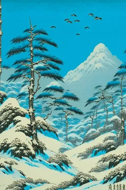 A cyan tundra with very cold snow painted by Utagawa Hiroshige