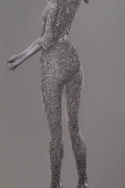 Full body portrait, painting, medium shot lady volumetric silver filigree