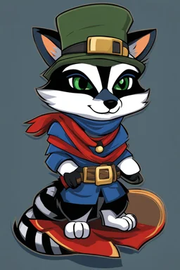 Remy is a raccoon with charcoal-gray fur and emerald-green eyes. He has a black mask-like pattern around his eyes. He wears a tattered dark blue bandit's outfit with a red sash and a feathered hat. Additionally, he carries a leather pouch for stolen treasures. This description is suitable for creating an image in the style of "Sly Cooper: Thieves in Time."