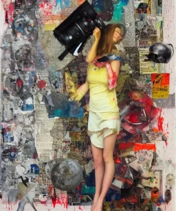 happy beautiful girl holding big proffesional camera in studio. street art, oil on canvas, spray paint, collage, letters, newspapeers, Dave McKean, Vladimir Fedotko, Saturno Butto, Vaughn Bodé, Frank Wu, James C. Christensen, collage, dirty, paint dripping, radiant