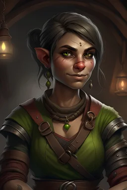 Dungeons and dragons orc woman. She has gray skin. She is kind. She is handsome. She has nice eyes. She has short hair. She is strong. She is in a tavern. She has broad shoulders. She has a large jaw. She wears casual peasant clothes. Realistic style