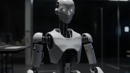 Android humanoid without one eye in a lab wide shot on black magic camera