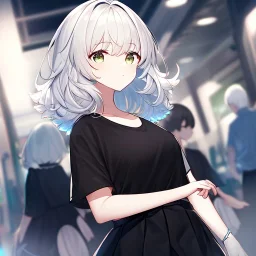 Clear focus, High resolution, light grey short hair, dark green eyes, wearing a black t-shirt and black skirt, fluffy hair, detailed outfit, really fluffy hair