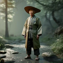 A man in old Japanese clothes is standing in nature while it is raining. It is winter. high quality , high details , unreal engine, dream style , magic style ,