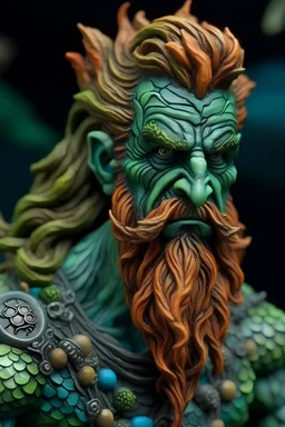 rugged merfolk male with auburn and green hair