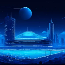 A bright pixel art cyberpunk-style illustration of the Etihad Stadium, home of Manchester City, glowing in sky blue and white neon lights. The stadium is set in a futuristic skyline with illuminated skyscrapers, digital billboards, and a glowing road leading to the main entrance. The architecture is sleek and modern, with light reflecting off metallic surfaces. A full moon and a glowing Manchester City crest hologram float in the sky, casting a radiant blue hue. The city around is lively,