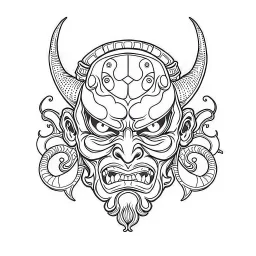 White, minimalis line art , oni mask japanes , vector, white background, outline, with images neatly contained within the background, just black and white color, tatto style.