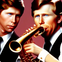 eyes closed REd-haired ron howard as richie from happy days Is playing the saxophone with his "eyes closed", rock band, saxophone lips