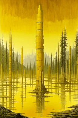 A yellow electrical city designed in pacific Northwest totem poles painted by Caspar David Friedrich