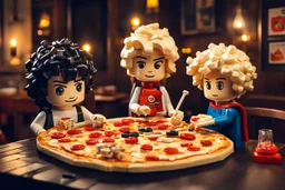 blonde lego girl and curly black haired lego boy eating lego pizza in an italian restaurant in candlelight