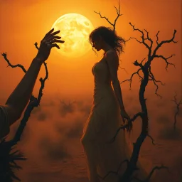 A dramatic surreal painting of a dusty desert mesa at twilight. A mysterious feminine figure emerges from the shadow of twisted creosote branches, her form entwined with thorny vines climbing slowly toward a blazing, boiling sun. Her skin is ethereal and dangerous; as a hand reaches to touch her, blood drips from the fingers. The atmosphere is haunting, poetic, and mythological. Use a painterly, cinematic style, with golden oranges, deep reds, dusty browns, and shimmering highlights. --v 7 --sty