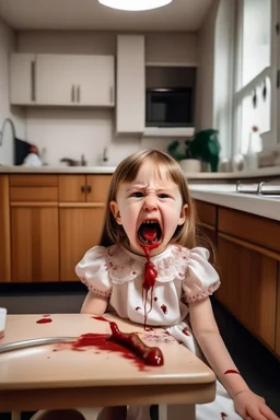 wide hd photo of a little German girl, full body, crying with her mouth open lying on the table in a medical context at the dentist. blood from her mouth stains her short white dress