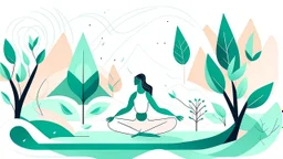 Create a serene and minimalist illustration with white background for a yoga and well-being website. Use a soothing color palette and depict a tranquil yoga scene with a yogi in several yoga poses surrounded by nature. Style must be Big and bold illustration, with hyperbolic representations of all kinds of shapes, forms, figures.