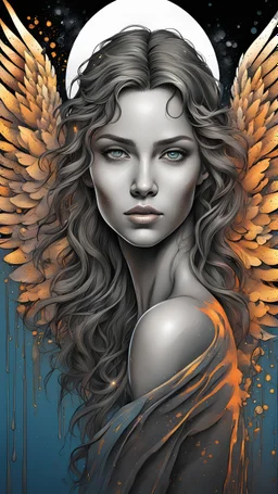 Angel with wings, Line Art, Black Background, Ultra Detailed Artistic, Detailed Gorgeous Face, Natural Skin, Water Splash, Colour Splash Art, Fire and Ice, Splatter, Black Ink, Liquid Melting, Dreamy, Glowing, Glamour, Glimmer, Shadows, Oil On Canvas, Brush Strokes, Smooth, Ultra High Definition, 8k, Unreal Engine 5, Ultra Sharp Focus, Intricate Artwork Masterpiece, Ominous, Golden Ratio, Highly Detailed, photo, poster, fashion, illustration
