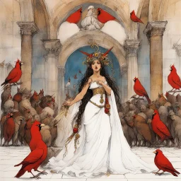 [art by Ralph Steadman] Circe the incredible nymph with lovely braids in Sistine Chapel, she is surrounded by cardinals in the conclave