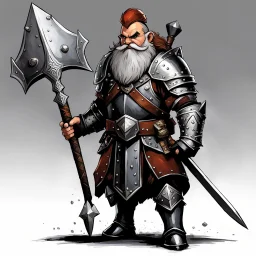 a dwarf from AD&D in a leather armour, and a full helmet in metal. He holds a long halberd