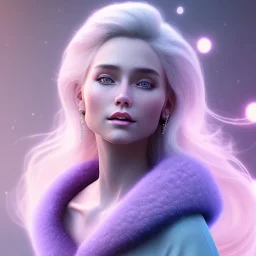 A portrait very beautiful woman ,smiling, longs hairs white ,elegant, atmospheric, realistic, cinematic lighting, blue pink rose light, 8k, galactic atmosphere, flowers