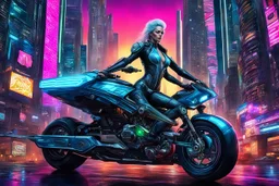 In utopian cyberpunk future, a hardcore beauty woman, cruises through the neon-lit streets of a tall, towering city on her custom-painted motorcycle. Her perfect android body is in futurstic motorcycle clothing, it gleams in the night as she racing between towering metal and glass skyscrapers and The Utopistic Landscape and satellites stretches out before her. She rides towards a neon blue spaceport, where her latest adventure awaits. deep colors, utopistic, neo-cyberpunk style