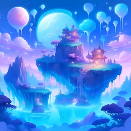 A digital illustration of a dreamy fantasy world filled with floating islands and moon and stars with clouds celestial blue and purple and magical creatures. Inspired by the artist Victoria Ying. The colors are pastel and ethereal, evoking a sense of wonder. The characters have serene and enchanting expressions. The lighting is soft and mystical, enhancing the dreamlike ambiance.