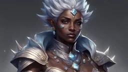 Please generate a female earth genasi cleric in the tempest domain for D&D. She should have dark, stone-colored skin with glittering sparkles like gem dust. She should have lines marking her skin like cracks, showing glimmering gem-like veins. Instead of hair, her head is covered in short, spiky crystals. She is fully-clothed in cleric robes and medium armor. Dark, moody "twilight hour" vibe