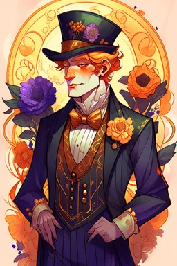 A redheaded man with purple eyes, orange shoulder-length spiked hair, a black bowler hat, and a fanciful medieval outfit with striped pants. Adorned with purple flowers and gold accents, he has light skin, a big bow on his chest. Drawn in a Tumblr style. He is middle-aged and has wrinkles.