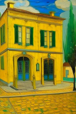 A yellow house of mystery in a city in daylight painted by Vincent van Gogh