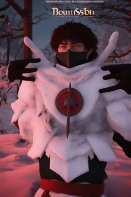 The character, depicted in a striking white armour against a wintry backdrop stands with his hands behind his back inside the scene, he has a red and black circular symbol on his chest like a shield, a black pointed spear with a red handle on his back, His eyes are showing a dynamic expression and he wears a black oni mask with white teeth covering the bottom part of his mouth he has brown shoulder pads and a white belt with a bag attached to it. He has dark brown hair, he does not wear a helmet