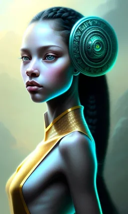 young girl, cute, beautiful, long curly hair, black hair, light green skin, big flat nose, black eyes, big eyes, turquoise dress, head and shoulders portrait, 8k resolution concept art portrait by Greg Rutkowski, Artgerm, WLOP, Alphonse Mucha dynamic lighting hyperdetailed intricately detailed, avatar pandora