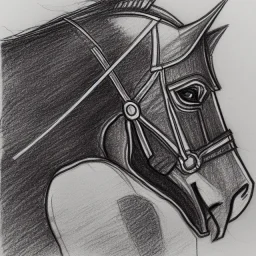 single line pencil sketch from side, little knight on the horse in armor with lancet charging