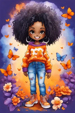 Create a detailed and abstract graffiti water color painting illustration of a chibi black thick female and curly tight afro. She is wearing a orange tie dye off-shoulder sweater, blue torn jeans, and orange-colored boots with fluffy white trim. SHe has a confident and cheerful expression, with large expressive eyes and a bright smile. background of orange and purple butterflies and magnolia flowers around her