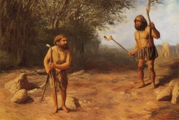 caveman holding a club, cave, cave bear, campfire, stone age, Impressionism, masterpiece, mellow, dawn,