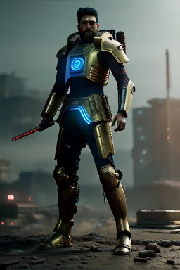 Fully armored cyberpunk samurai, photorealistic