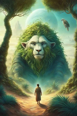 A giant rising from a age old slumber, his eyes are huge and wise, he has a sleepy expression ,body overgrown with deserty vegetation, looking at small human ,as seen from behind the human,lush phantasy setting, fantastical world build, immaculate resolution, immaculate details,8K quality, animals frolic around, change the theme to desert a lot of i