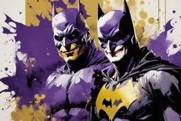 poster in two gradually, a one side Batman darkrpurple tones, and other side Joker gold tones, painting by Yoji Shinkawa,