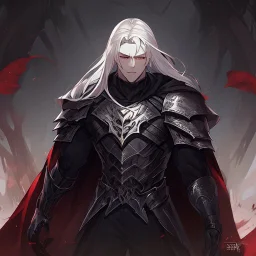 Vampire knight, young man, handsome, long white hair, black full plate armor, red cape