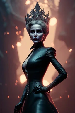 Constance Langdon as evil queen in black leather, leather, busty, cleavage, angry, stern look. character design by cory loftis, fenghua zhong, ryohei hase, ismail inceoglu and ruan jia. unreal engine 5, artistic lighting, highly detailed, photorealistic, fantasy