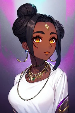 arcane tv show style, league of legends, solo, 1girl, attractive teenager, african, dark skin, dark-brown eyes, black hair, pair buns, violet strands of forehead bangs, necklace, earrings, modern makeup, (detailed skin texture), white oversize shirt