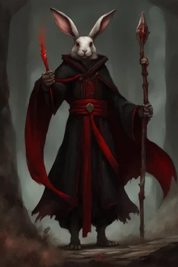 Male rabbitfolk with grey fur and Hazel eyes wearing blood red and black robes in a fantasy setting, sorcerer of death