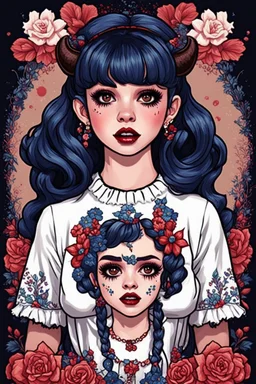 wears a smart shirt which is embroidered with bluered flowers and ornaments, has dark eyes and horns,Poster in two gradually, a one side malevolent goth vampire girl face and other side the Singer Melanie Martinez face, full body, painting 90's movie , pixel art , for a retro gaming 2D style, darkblue and sepia tones,