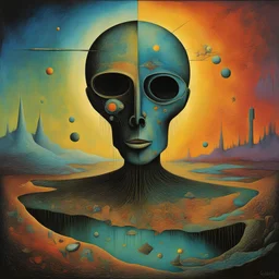 Divorced from reality tied to nonsense, physics vs the metaphysical, Wassily Kandinsky and Sidney Nolan and Zdzislaw Beksinski deliver a dark surreal masterpiece, weird colors, sinister, creepy, sharp focus, dark shines, asymmetric,
