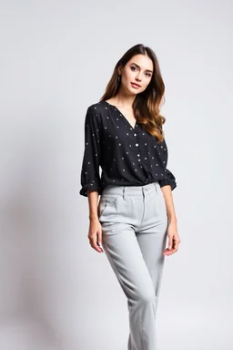 simple background a beautiful young lady wearing pretty pants and blouse standing gracefully